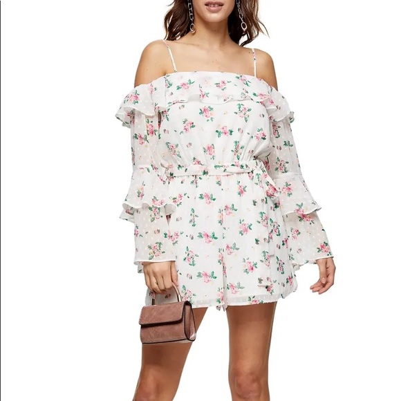 HP🎉Topshop Floral Cold Shoulder Ruffled Romper XS - Picture 3 of 7